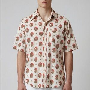 1950 vintage Men's Cream Patterned Short Sleeve Shirt